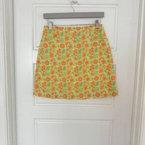 Vintage Lilly Pulitzer Green Orange Yellow Floral Print A-Line Straight Skirt